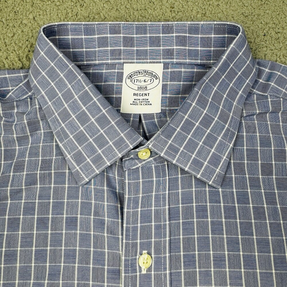 BROOKS BROTHERS Shirt Mens 17.5 6-7 Blue Regent Windowpane Plaid Casual Cotton